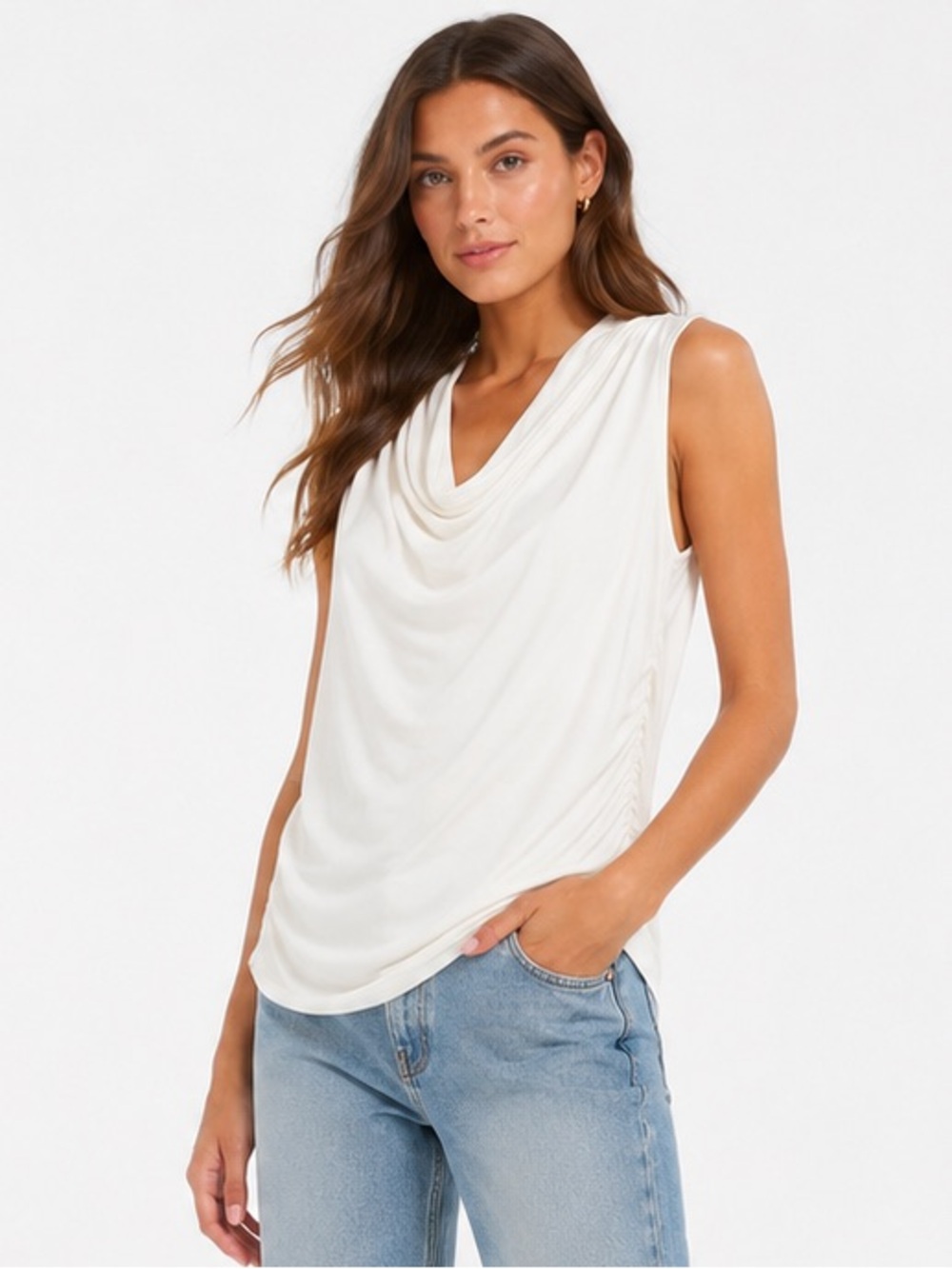 Michael Stars Cowl Neck Sleeveless EcoVero Rayon Top Ivory Medium USA